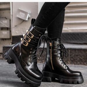 Thursday Boot Company Black Combat Boots with Gold Buckles